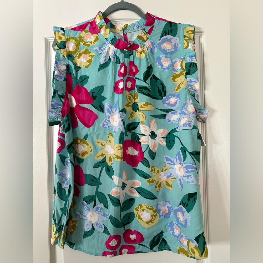 Floral Ruffle Sleeveless Button Keyhole Back Neck Shell Top - Picture 1 of 4